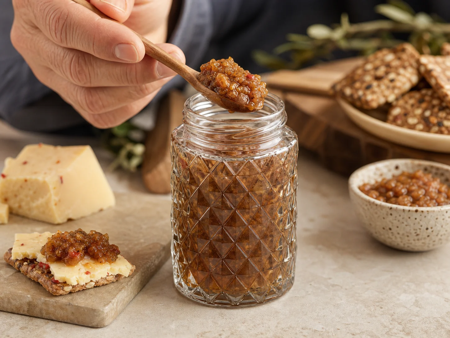 Bocal facetté taille diamant utilisé pour des chutneys, des condiments de type relish aux légumes hachés et des condiments de finition, dans le cadre de coffrets cadeaux salés