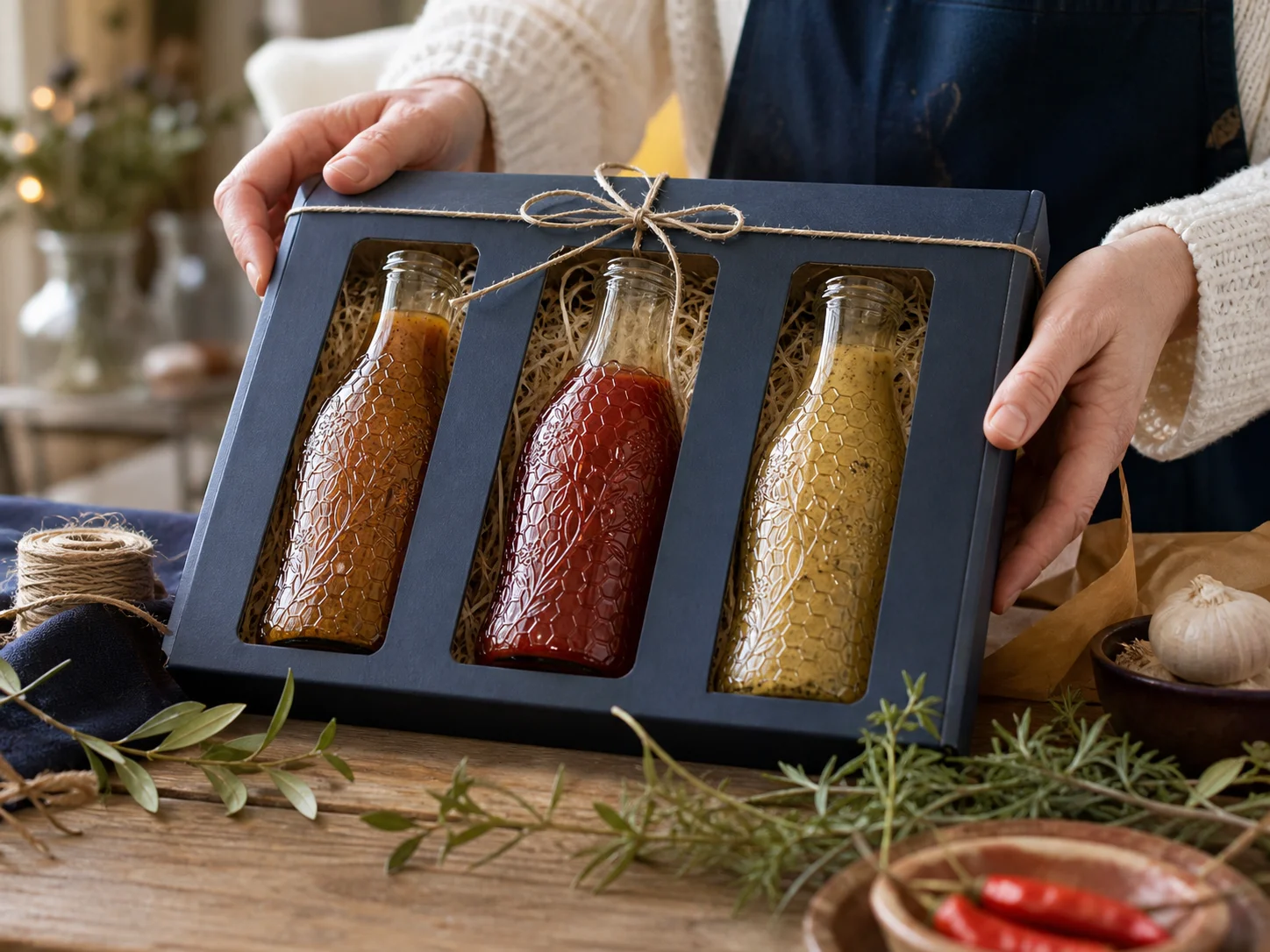 Bouteille de sauce à relief moulé utilisée pour des récoltes limitées et des coffrets de condiments sélectionnés, dans une collection cadeau et saisonnière