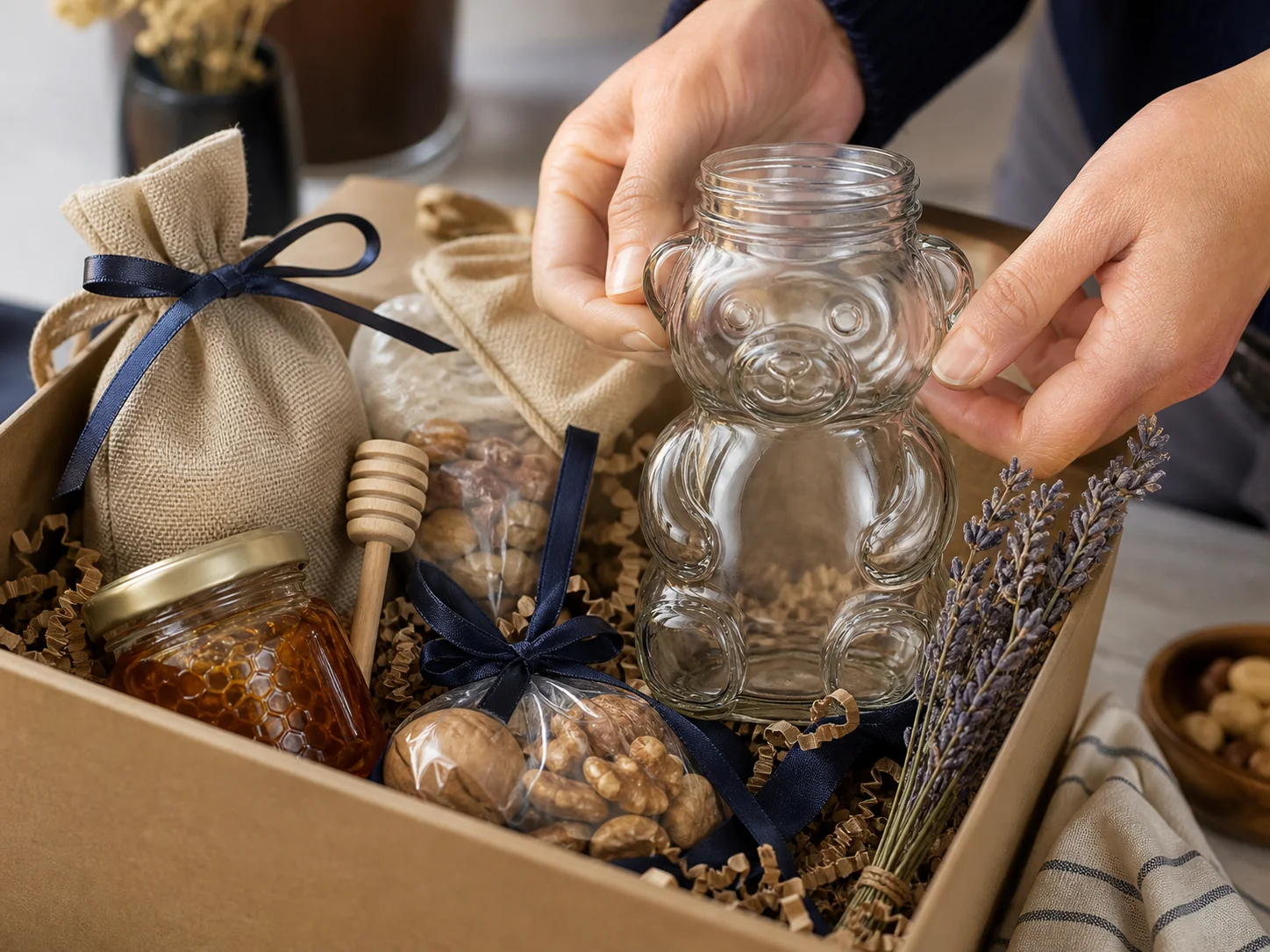 Pot ourson pour miel utilisé comme pot souvenir dans des paniers gourmands, dans une collection cadeau de miel