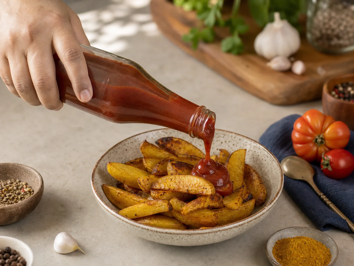 Bouteille de ketchup utilisée pour du ketchup au curry et une sauce tomate épicée, déclinaisons de recette