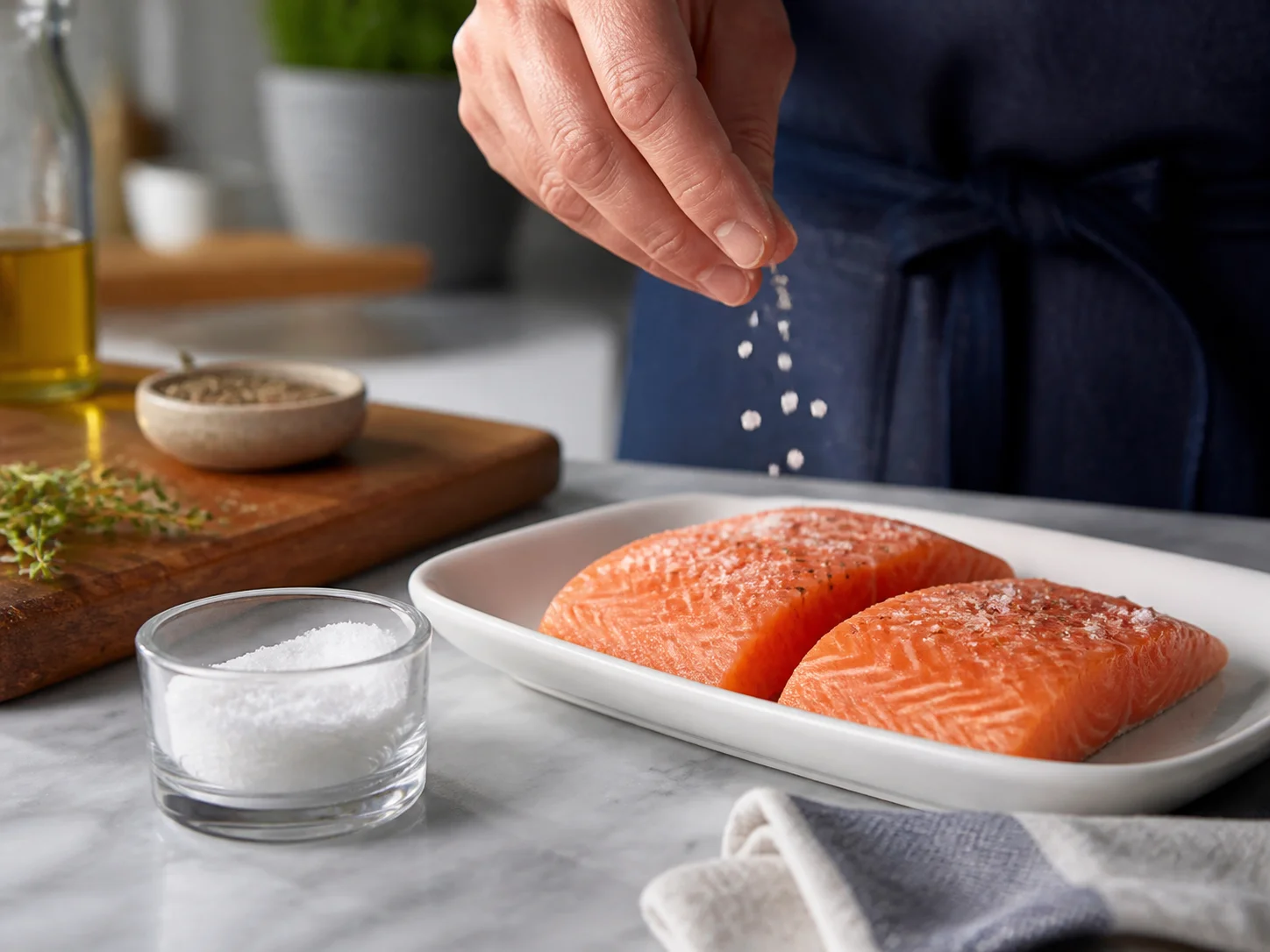 Salière utilisée pour le sel casher et le sel de cuisine courant, en mise en place dans une cuisine