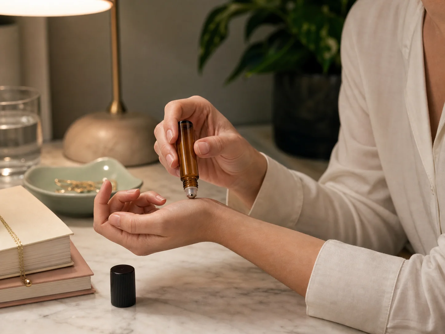 Flacon bille pour aromathérapie utilisé pour des mélanges appliqués aux poignets et aux tempes, dans un contexte de bien-être au quotidien