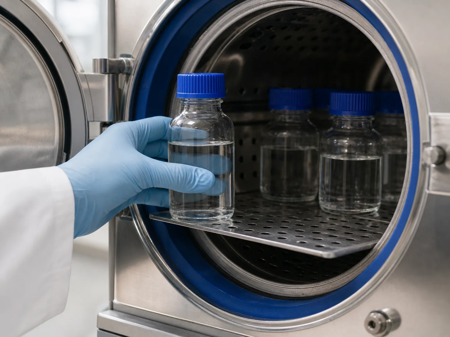 Flacon pharmaceutique en borosilicate rempli, porté en température puis refroidi dans un autoclave
