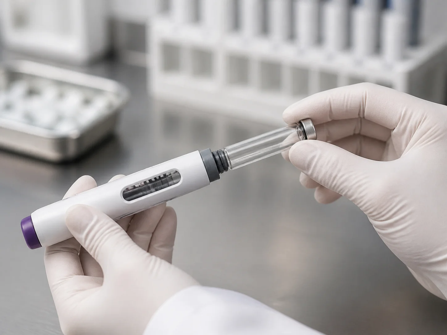 Cartouche chargée dans un stylo injecteur réutilisable
