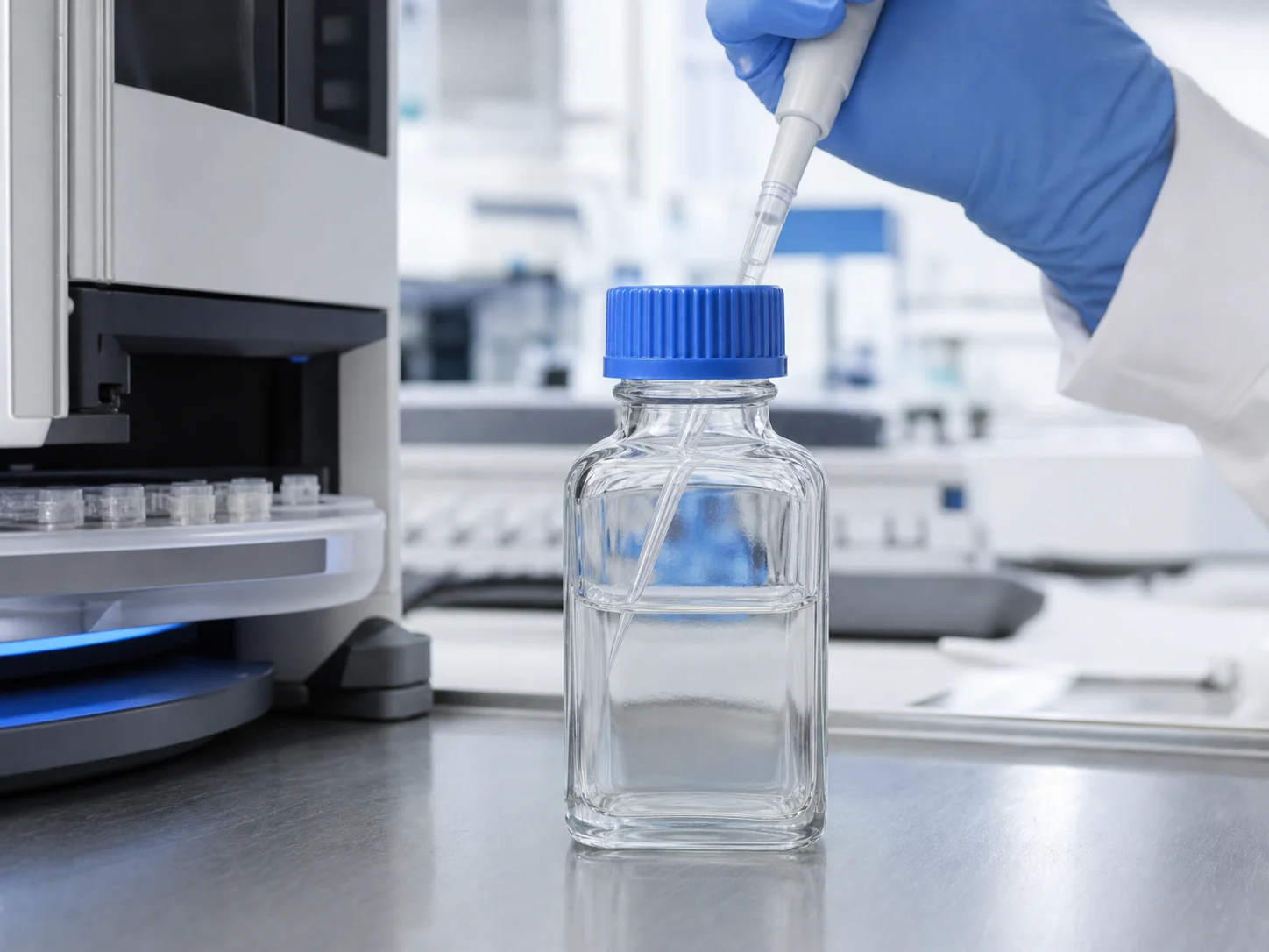 Flacon de réactif diagnostique utilisé pendant une série de tests en laboratoire