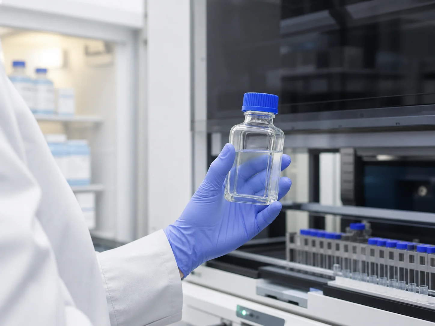 Flacon de réactif diagnostique chargé dans un rack d’analyseur par le technicien de l’équipe en poste