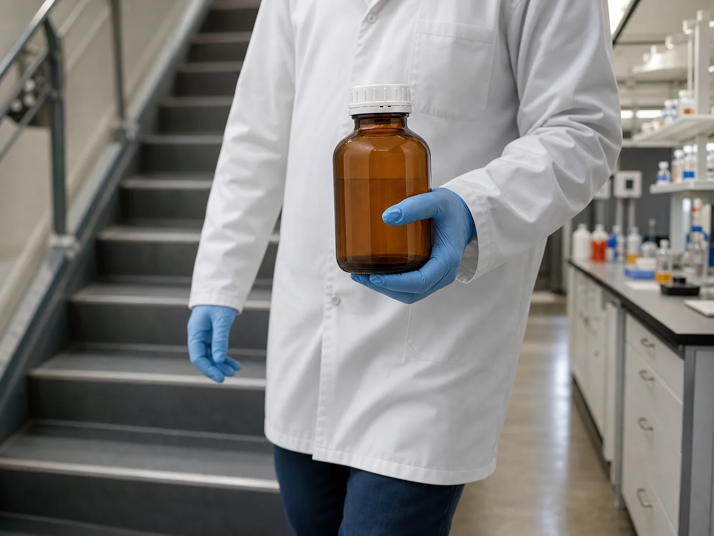 Flacon de stockage pour acides et alcalis transporté du magasin à une paillasse, dans un couloir ou un escalier