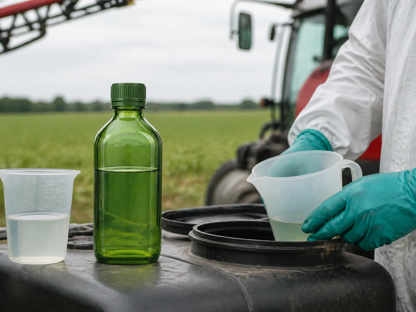 Flacon de produits phytosanitaires utilisé pour doser un concentré avant de le verser dans un pulvérisateur, lors d’une application au champ