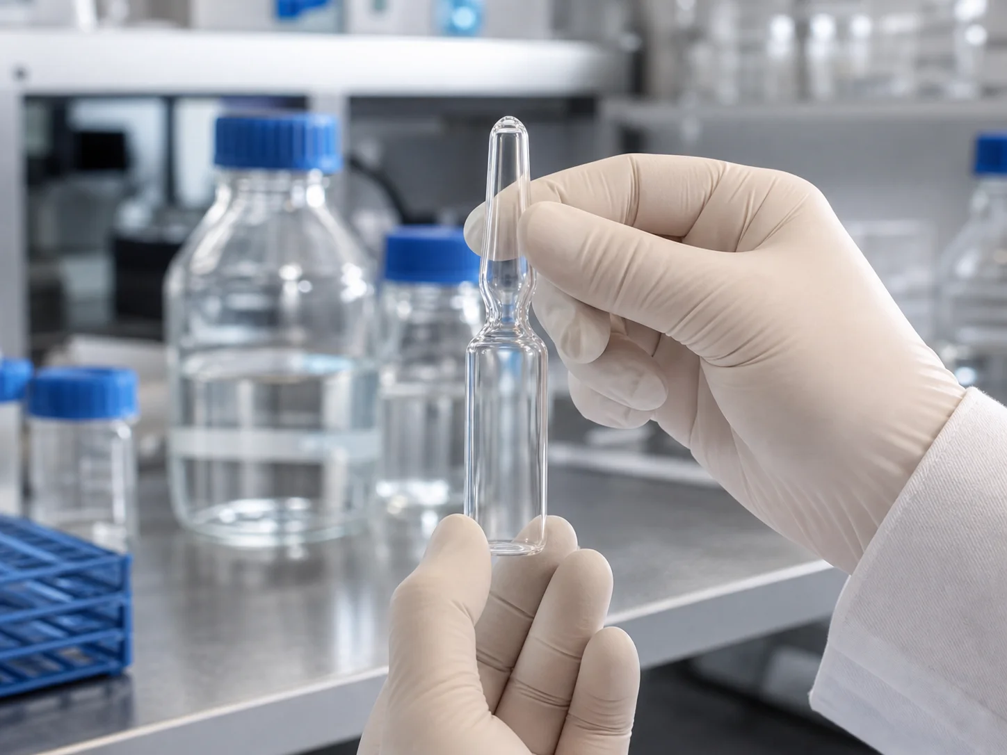 Ampoule pour produits chimiques dont le col est rompu sur la paillasse par une personne aux mains gantées