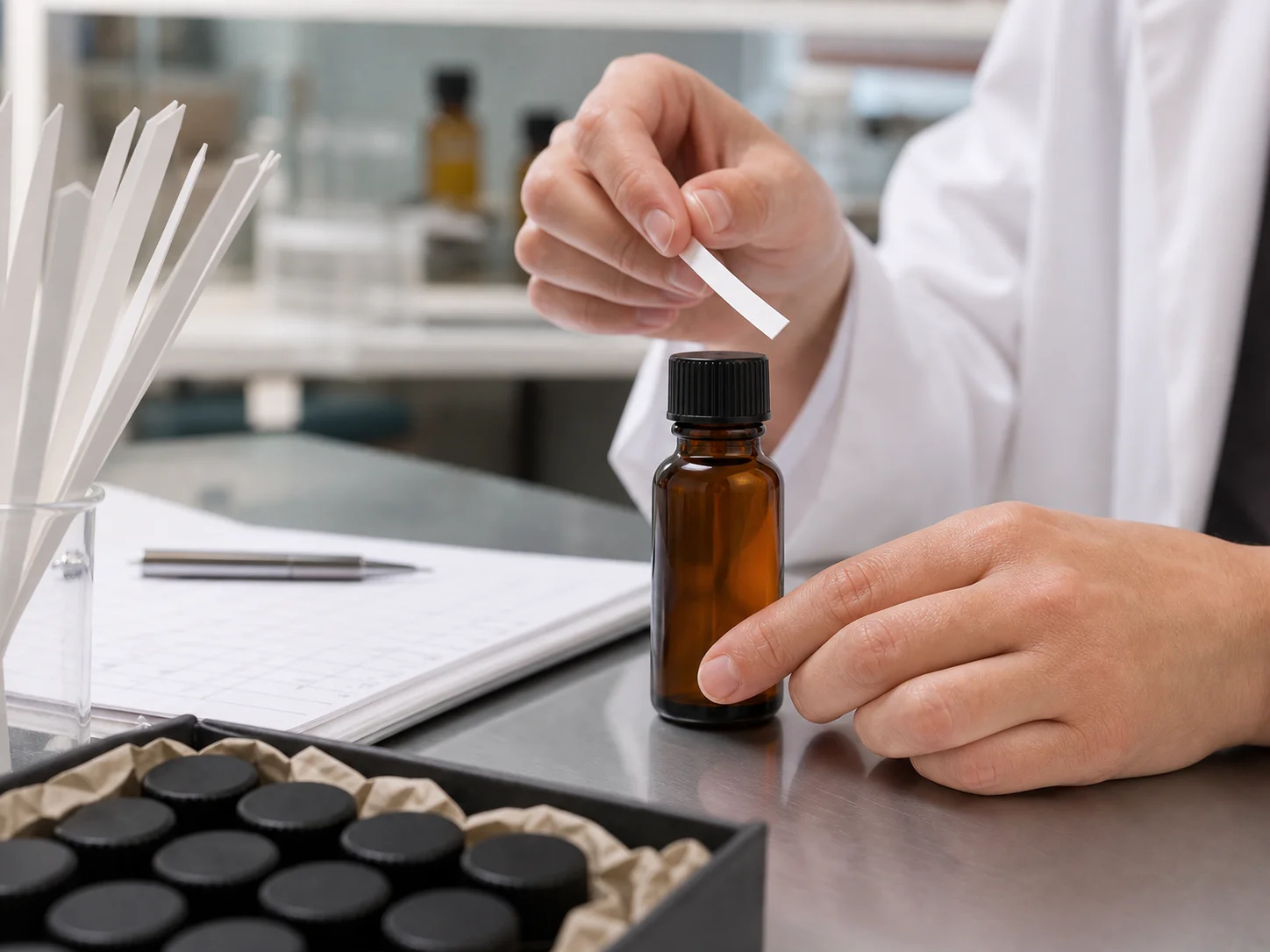 Flacon pour arômes et parfums contenant des concentrés envoyés à des clients pour évaluation, dans le cadre de l’envoi d’échantillons