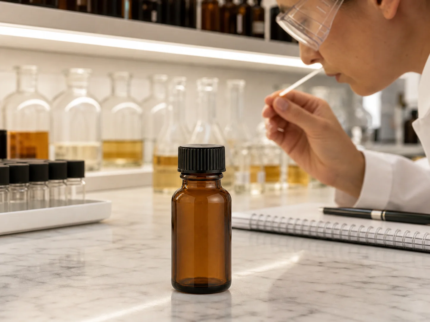 Flacons pour arômes et parfums laissés ouverts sur une paillasse éclairée, dans un orgue à parfums