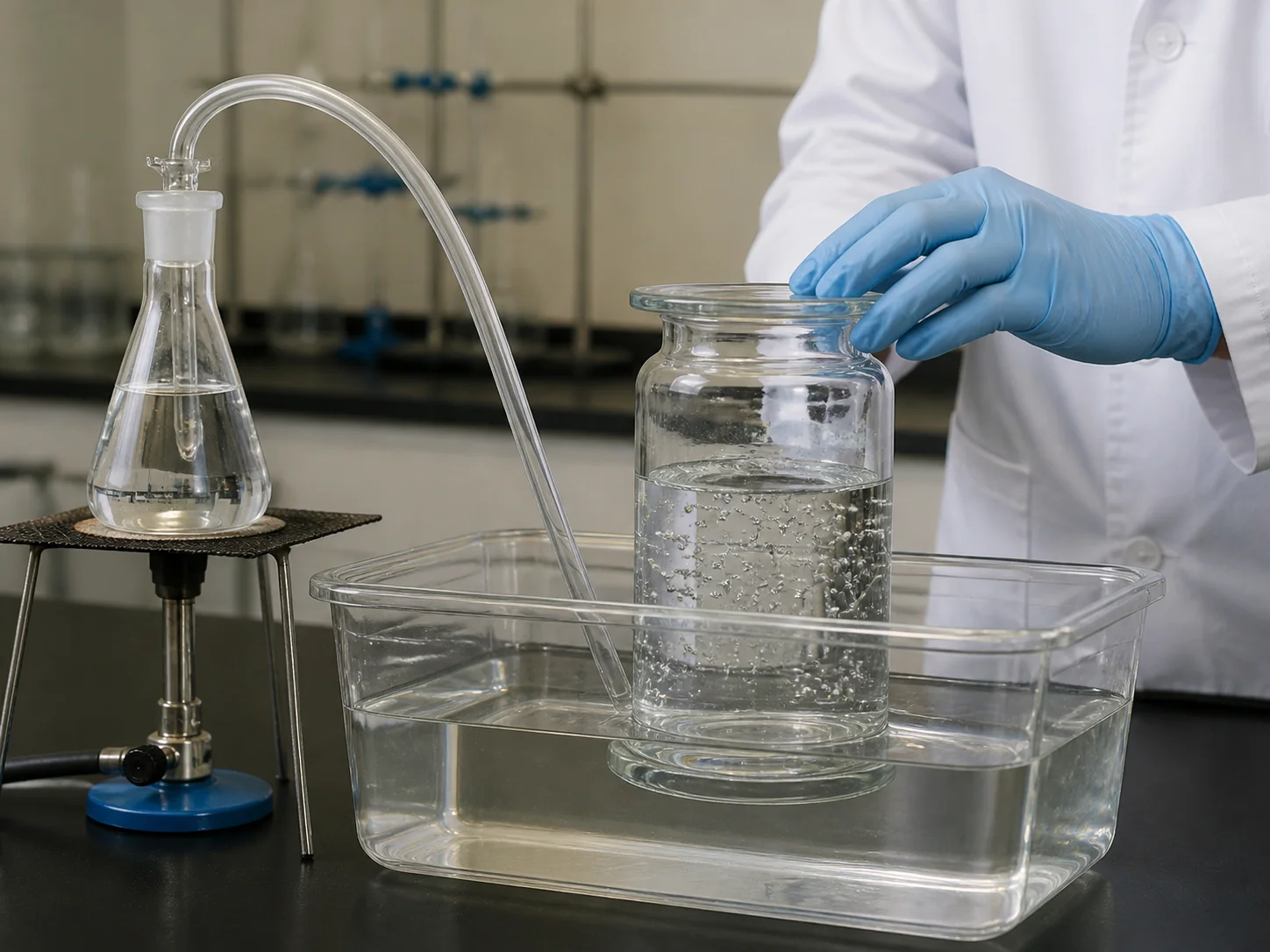 Flacon de collecte des gaz utilisé pour recueillir un gaz au-dessus de l’eau dans un laboratoire d’enseignement
