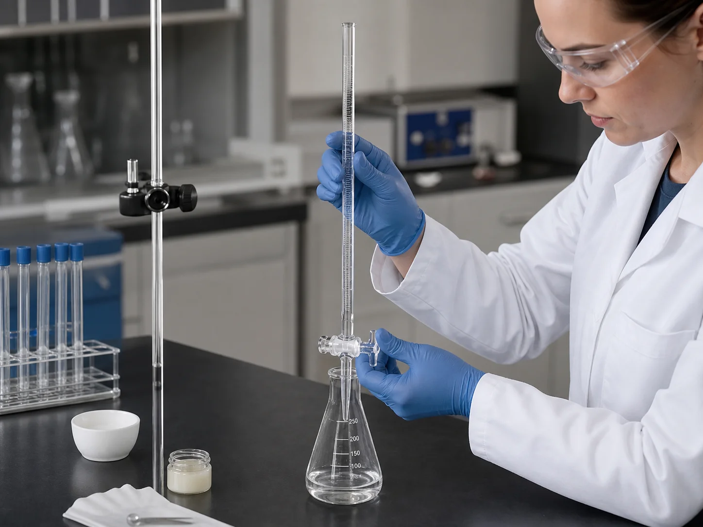 Burette équipée d’un robinet en verre rodé ou en polymère, illustrant les coûts associés à chaque option
