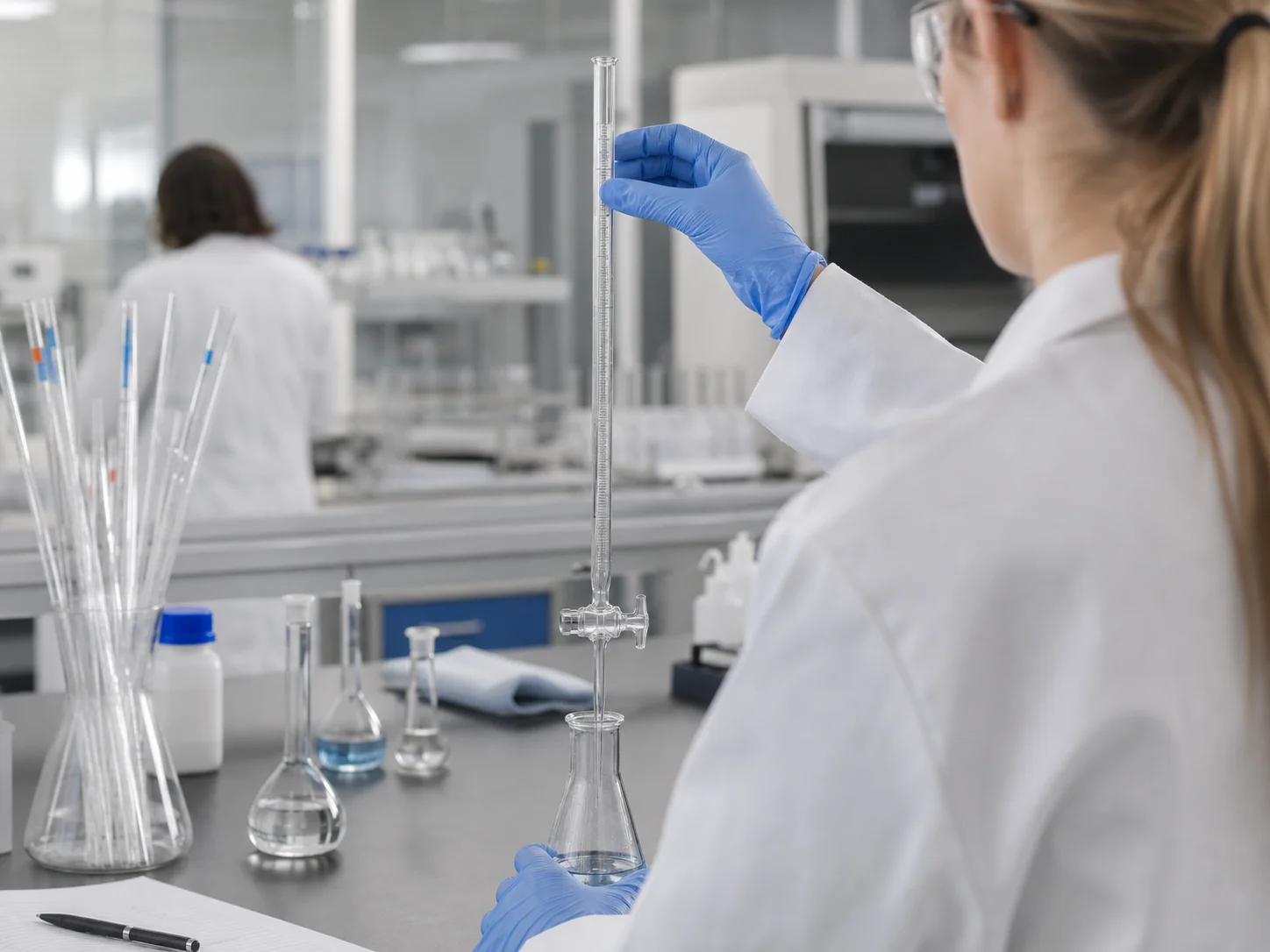 Burette en verre prise sur la paillasse voisine, dans un contexte d’emprunt de verrerie