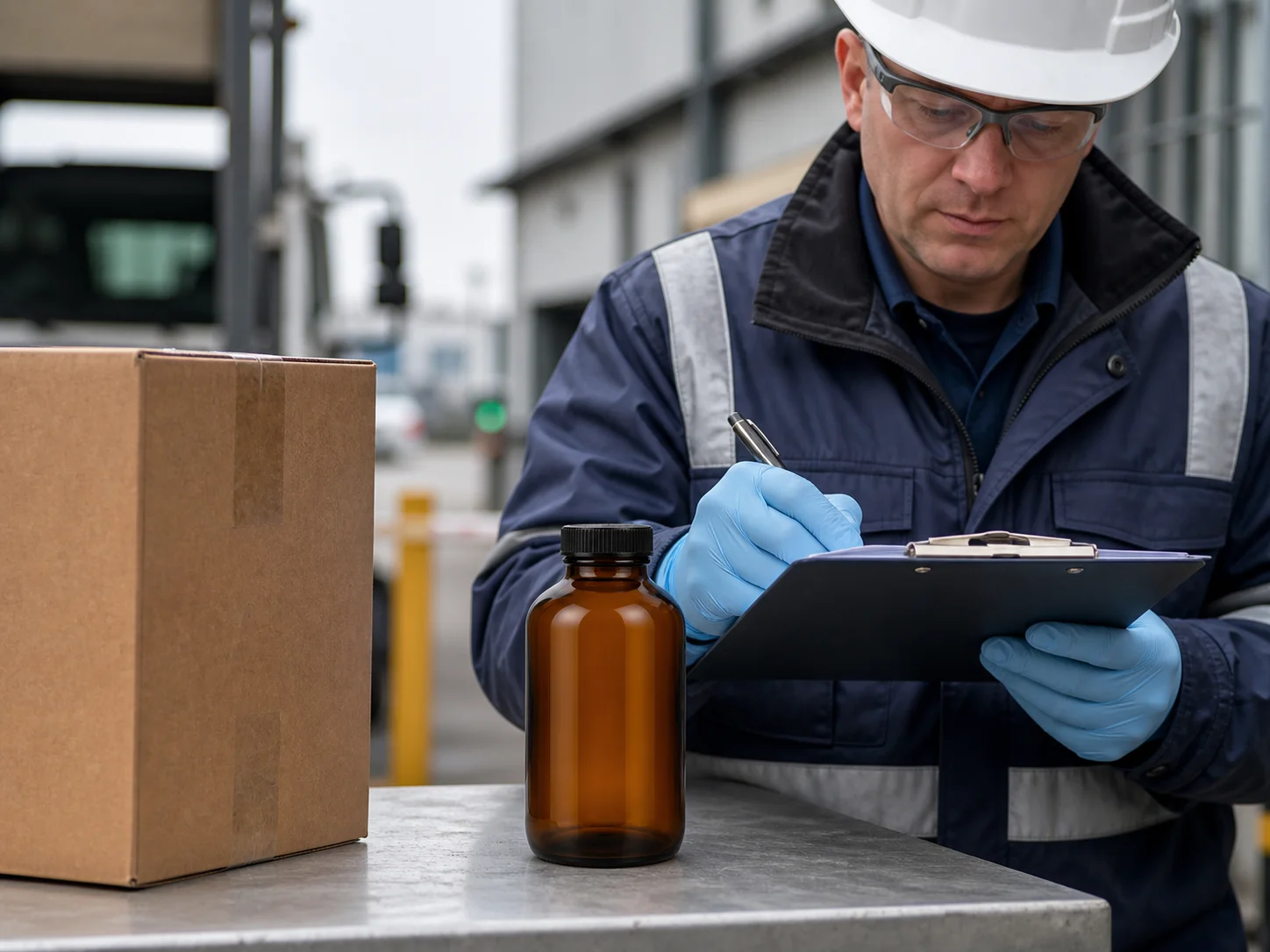 Bouteille de distribution de produits chimiques pour livraison réceptionnée à l’entrée d’un site industriel
