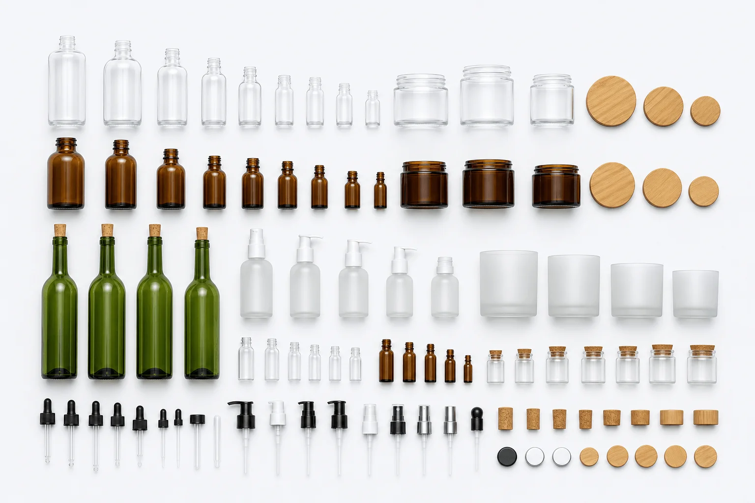 Vue de dessus de la gamme d’emballages en verre en gros de Bulkglasspack : bouteilles, pots, flacons, compte-gouttes, pompes et fermetures classés par type