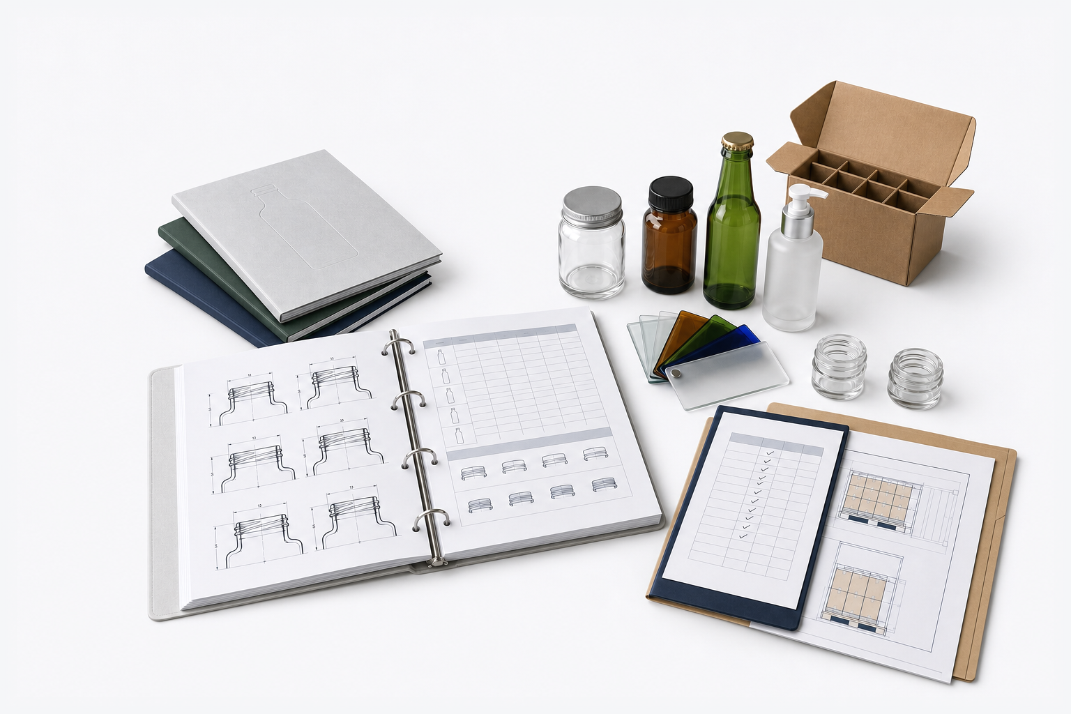 Bureau de référence pour l’achat d’emballages en verre avec guides d’achat, plans cotés de finitions de col, échantillons de bouteilles assortis, nuanciers, liste de contrôle qualité et plan de chargement pour l’exportation
