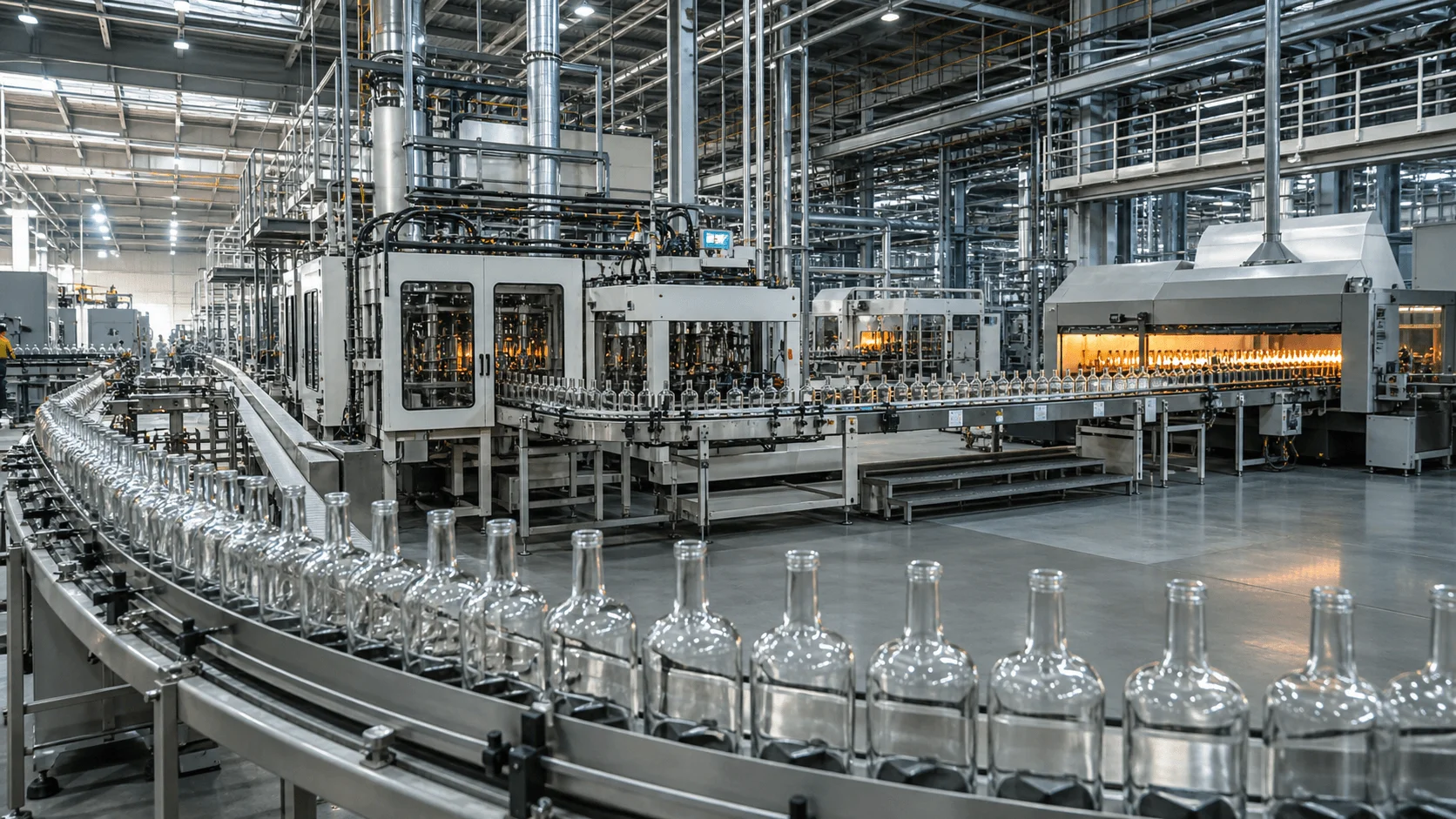 Atelier de production de bouteilles en verre avec machines de formage IS et lignes de convoyage