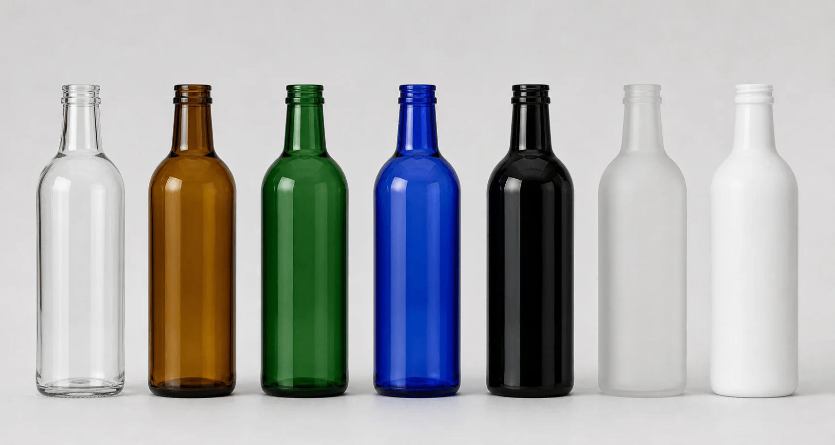 Bouteilles en verre transparent, ambré, vert, cobalt, noir, dépoli et opale