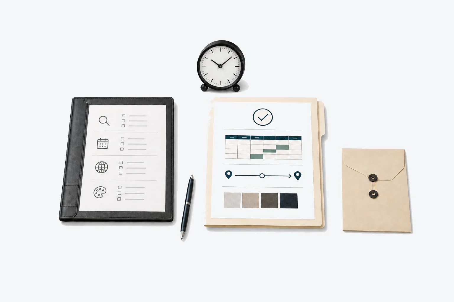 A structured inquiry brief, prepared quote response, clock and envelope arranged on a seamless desktop