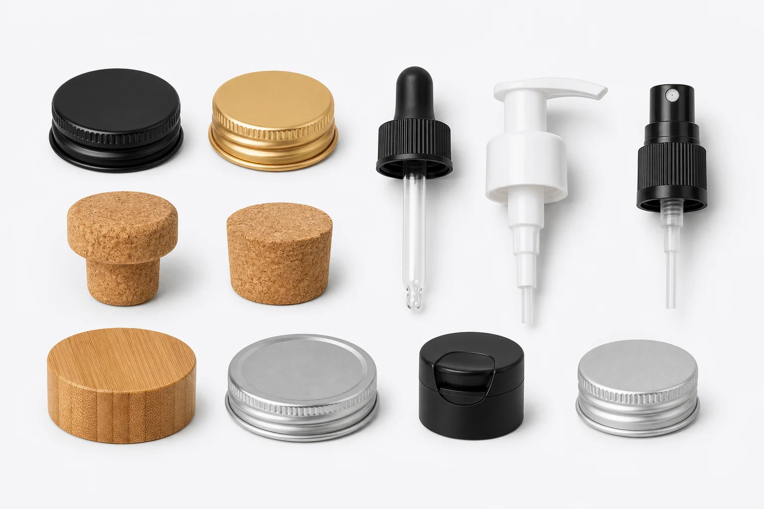 Fermetures et accessoires — Capsules · Pompes · Compte-gouttes