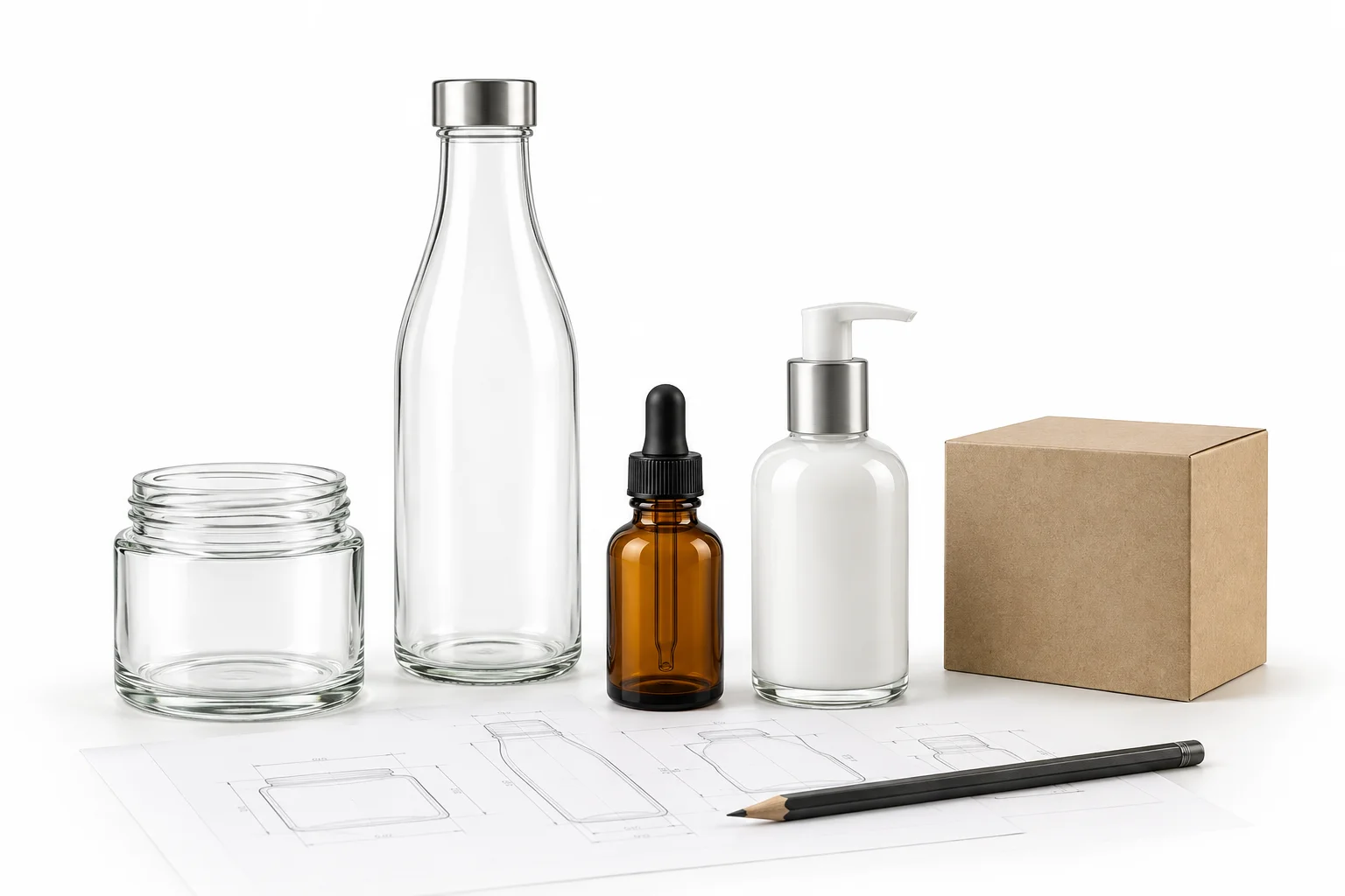 Stock glass bottles and jars, a shipping carton and packaging drawings