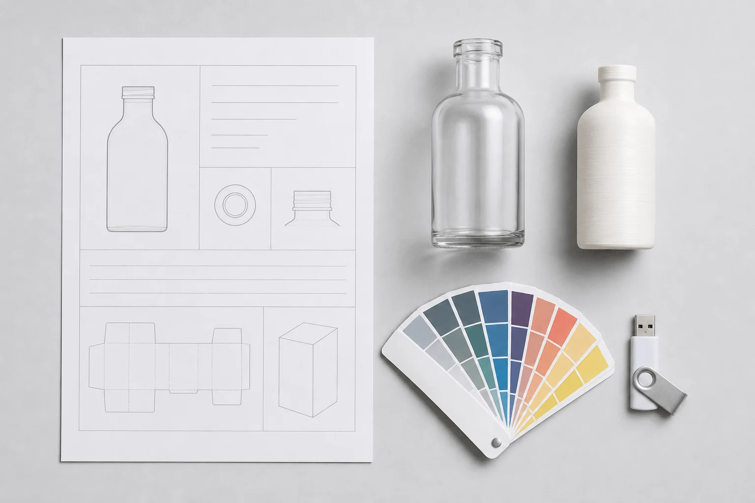 Cahier des charges d’un projet d’emballage : fiche technique, nuanciers Pantone, bouteille échantillon et modèle imprimé en 3D